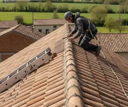 Couvreur AZUR TOITURE réalisant le faîtage d'une toiture en tuiles
